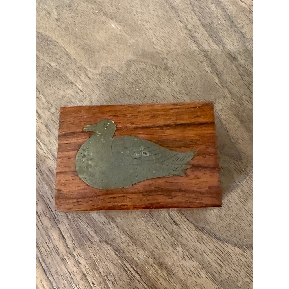 Vintage Wood Trinket Box with Brass Duck Inlay Small Keepsake Jewelry Box
